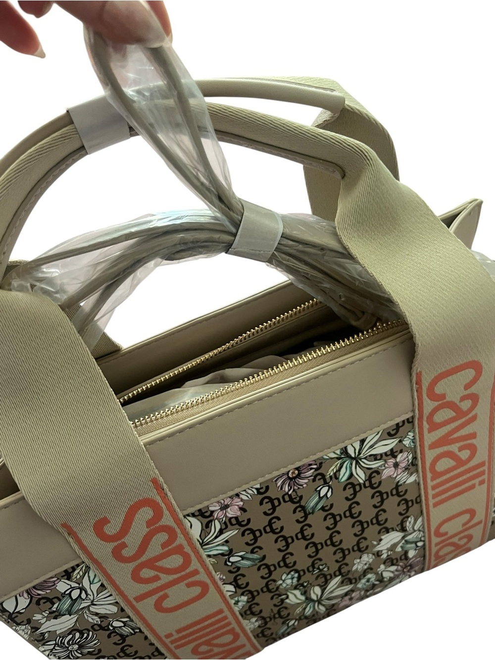 NWT Cavalli Class Serena Floral Logo Tote Bag Beige Cream - Picture 7 of 14